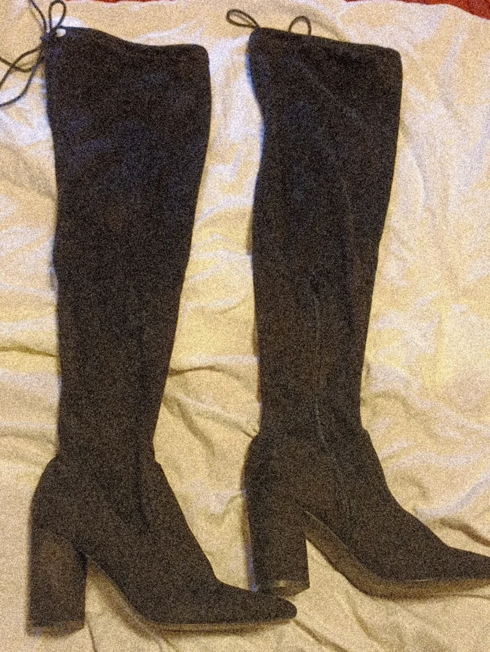 Tall Black Over-the-Knee Black Heel Boots with Back Tie